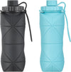 YCT Collapsible Silicone Travel Water Bottle 20oz (600ml), Reuseable Leakproof BPA Free Foldable Sports Bottle, with Carrying Strap, Dark Gray + Blue