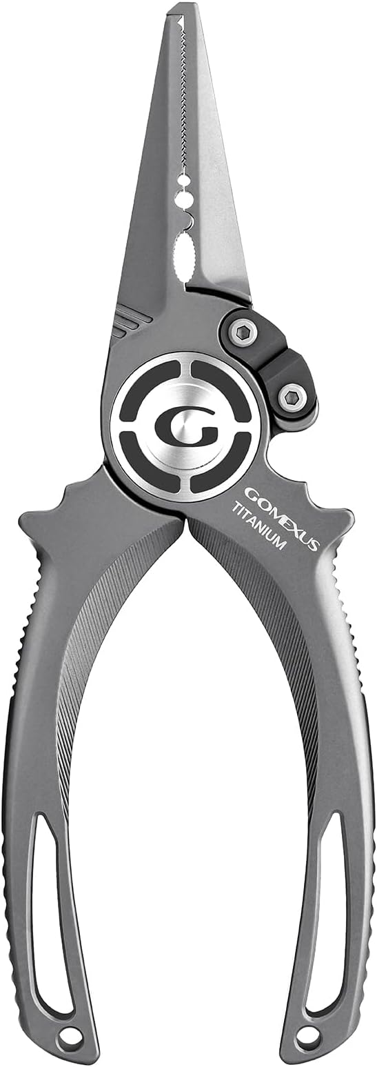 GOMEXUS Titanium Fishing Pliers 7'' with Side Cutters, Never Rust Hook Remover, Saltwater Resistant, Inshore & Nearshore Fishing (Split Ring Nose(no Leather), 7 INCHES)
