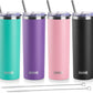 koodee 20 oz Stainless Steel Skinny Tumblers (4 Pack) Double Wall Insulated Water Tumbler Cup with Lids, Straws and Straw Brushes (Teal/Purple/Pink/Black)