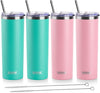 koodee 20 oz Stainless Steel Skinny Tumbler(4 Pack) Double Wall Insulated Water Tumbler Cup with Lids, Straws and Straw Brushe（Teal/2 Pack, Pink/2 Pack）