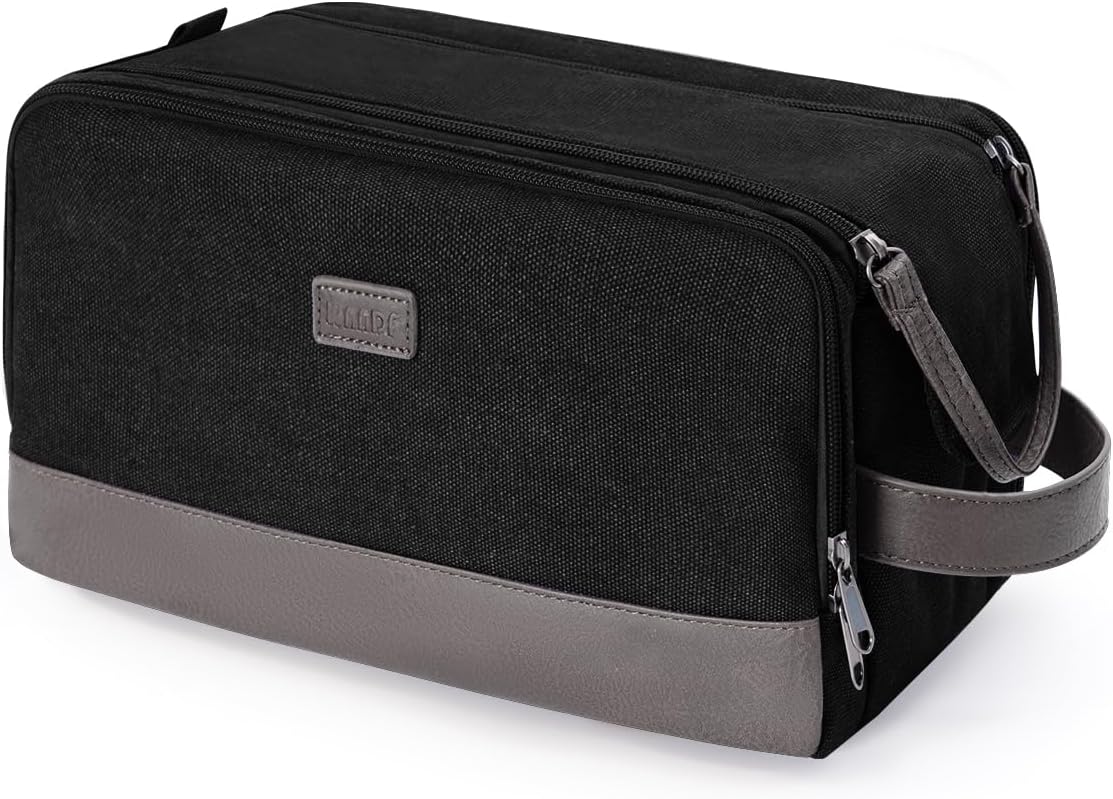 WANDF Toiletry Bag for Men Travel Toiletry Organizer Canvas and Leather Dopp Kit Water-Resistant Shaving Bag for Travel Accessories (Black, Large) - Roamly