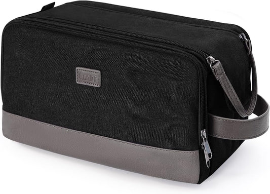 WANDF Toiletry Bag for Men Travel Toiletry Organizer Canvas and Leather Dopp Kit Water-Resistant Shaving Bag for Travel Accessories (Black, Large) - Roamly