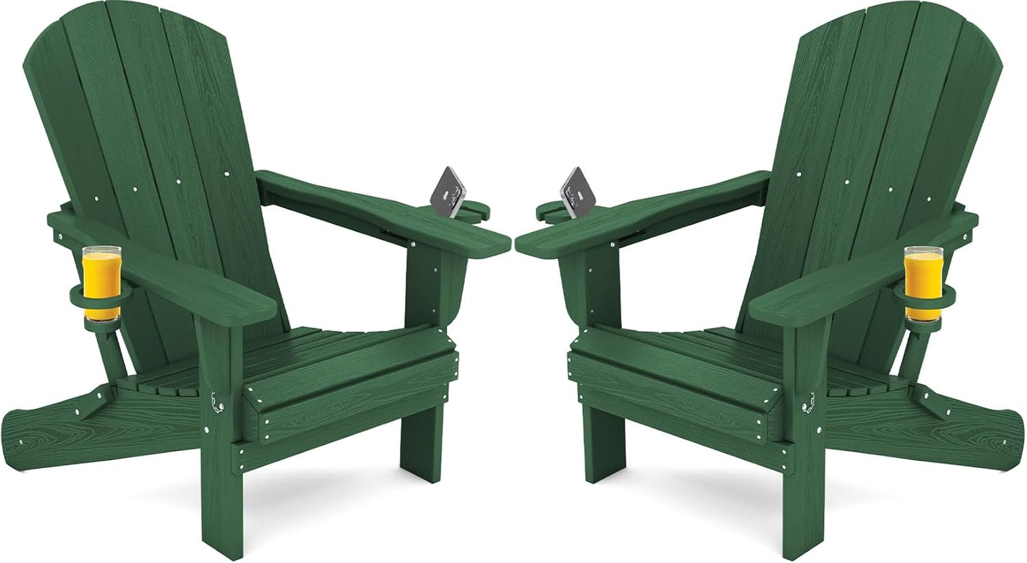 SERWALL Adirondack Chair with Cup Holders - Composite Adirondack Chairs Set of 2 HDPE Outdoor Chairs All Weather Use- Green