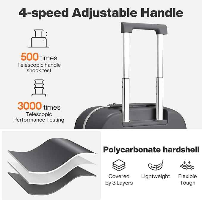 mixi 24 Inch Checked Luggage PC Hard Shell Suitcase Top Opening Aluminum Frame Travel Suitcases with Wheels, Rock Gray