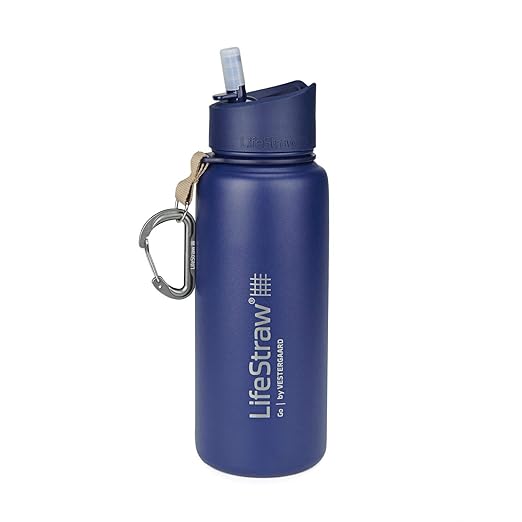 LifeStraw Go Stainless Steel Water Filter Bottle with 2-Stage Integrated Filter Straw, Double Wall Vacuum Insulated, for Hiking, Backpacking, and Travel, 24oz, Blue