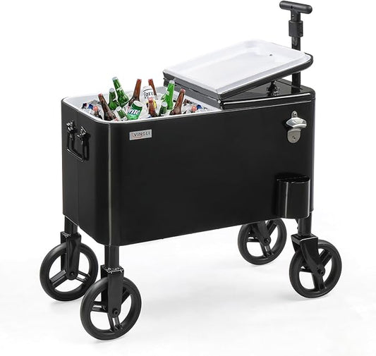 VINGLI 80 Quart Wagon Rolling Cooler Ice Chest, w/Long Handle and 10" Wheels, Portable Beach Patio Party Bar Cold Drink Beverage, Outdoor Park Cart on Wheels