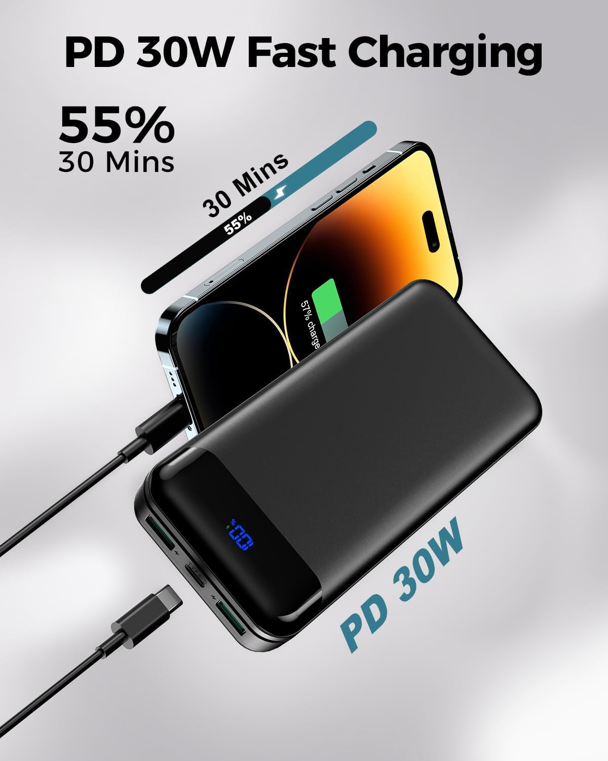 Portable Charger Power Bank 40000mAh Powerbank PD 30W and QC 4.0 Fast Charging External Battery Pack with USB-C LED 3 Outputs & 2 Inputs Portable Charging for iPhone 15 14 13 pro, Samsung - Roamly