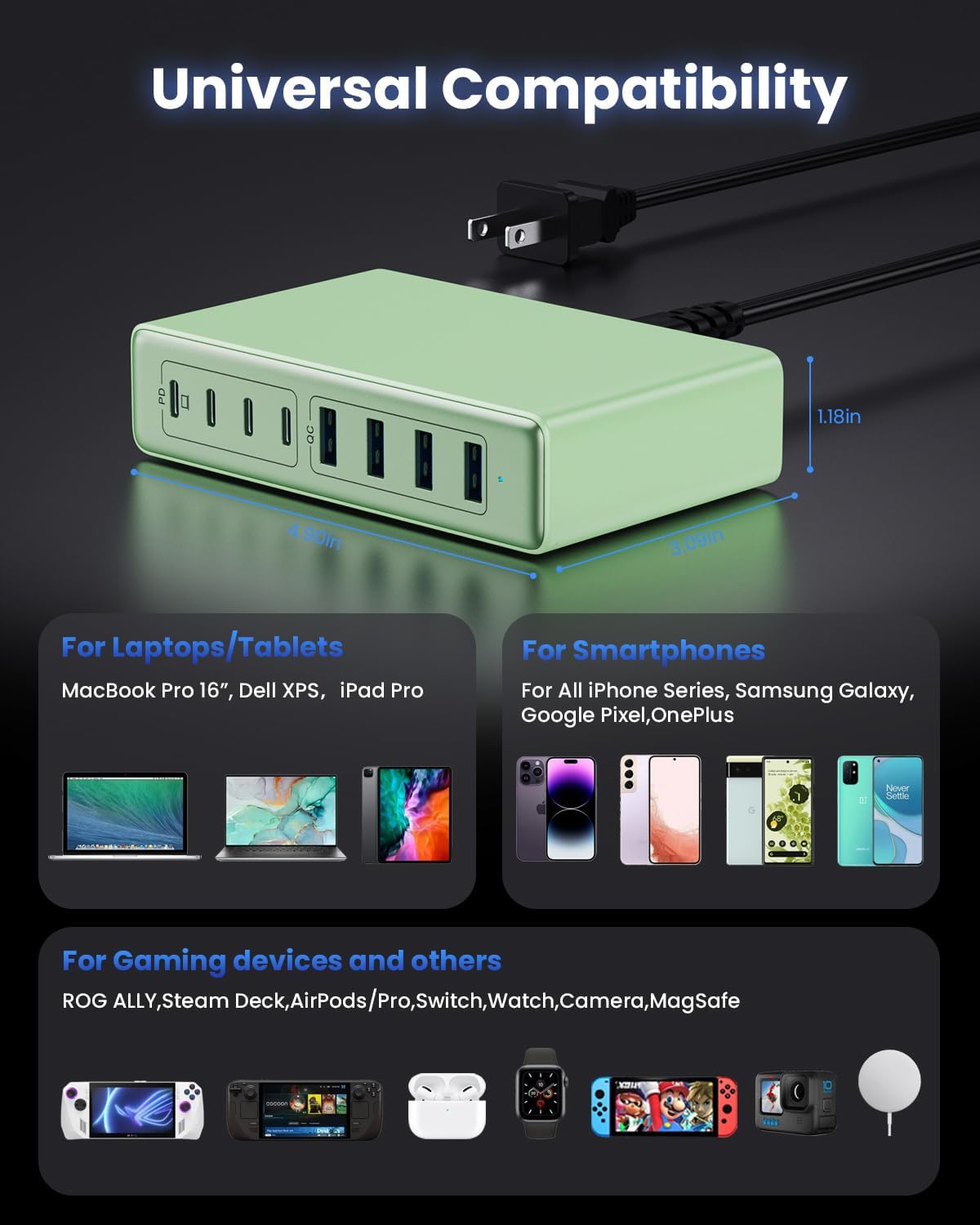 200W USB C Charger Block,GaN IV Charging Station 8 Ports,QC4.0 Fast Charging Station Hub+PD 65W USB C Laptop Charger Adapter Compatible with MacBook Air/Pro,DELL,iPhone 16/15,iPad,Steam Deck-Green - Roamly