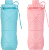 YCT Collapsible Silicone Travel Water Bottle 20oz (600ml), Reuseable Leakproof BPA Free Foldable Sports Bottle, with Carrying Strap, Blue + Pink