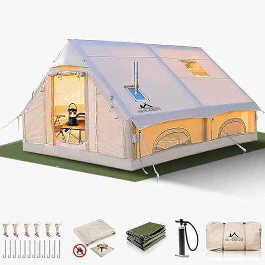 Inflatable Camping Tents 8-10 Person,129 Square Feets Large Inflatable Camping Tent with Stove Jack,Blow up Tent with Mesh Windows & Pump