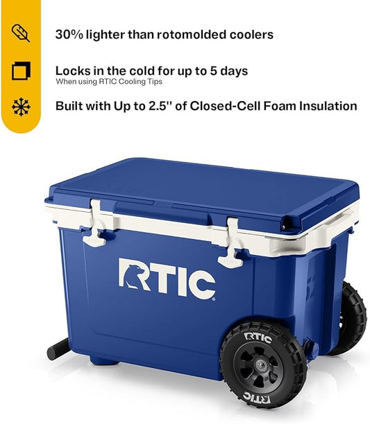 RTIC 52 Quart Ultra-Light Wheeled Hard Cooler Insulated Portable Ice Chest Box for Beach, Drink, Beverage, Camping, Picnic, Fishing, Boat, Barbecue, 30% Lighter Than Rotomolded Coolers