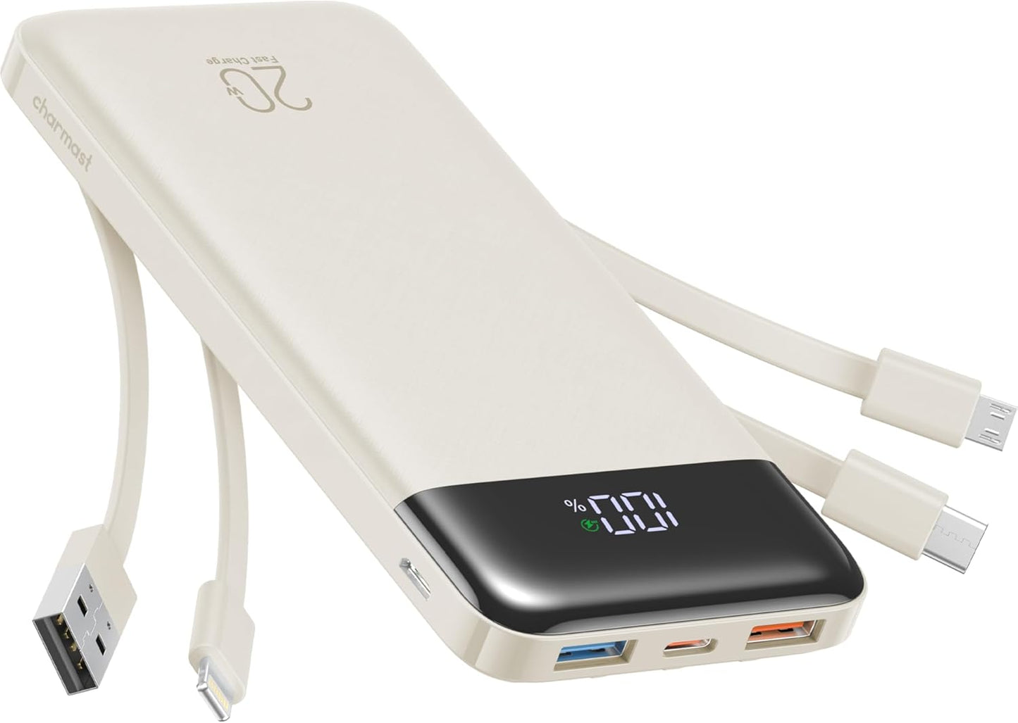 charmast 20000mAh Portable Charger with Built in Cables, 22.5W Travel Power Bank Fast Charging, USB C Cell Phone Battery Pack for iPhone 16/15/14/13/12/11 Series, iPad, Samsung, Android, Tablet - Roamly