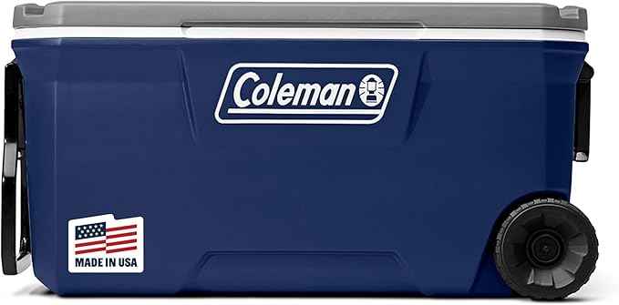 Coleman Classic Series Insulated Portable Rolling Cooler with Wheels, Leak-Resistant Outdoor Hard Cooler Keeps Ice up to 5 Days, 100-Quart