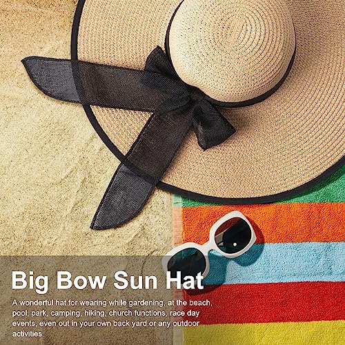 Womens Bowknot Straw Hat Foldable Beach Sun Hat Roll up UPF 54+
