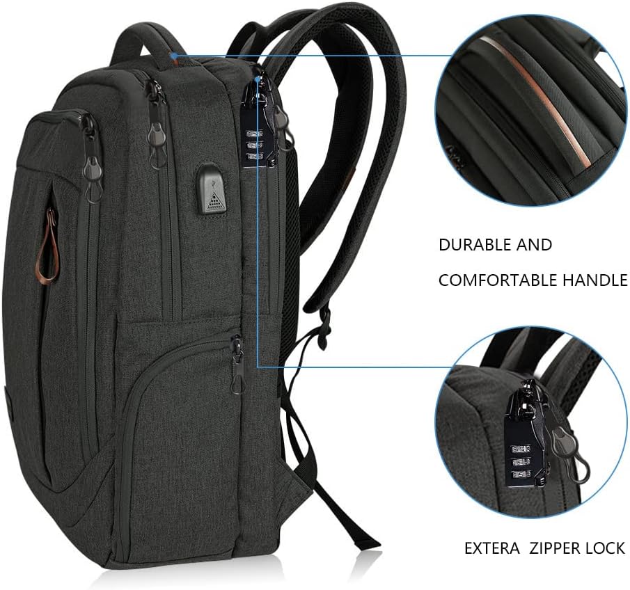 KROSER Laptop Backpack Large Computer Backpack Fits up to 17.3 Inch Laptop with USB Charging Port Water-Repellent Travel Backpack Casual Daypack for Business/College/Women/Men-Charcoal Black - Roamly