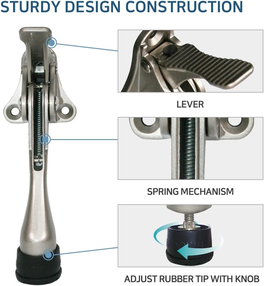 One Touch Kickdown Door Stopper, Door Holder, Heavy Duty Door Stops, Bottom of Door, Height-Adjustable Rubber Tips by HASHI (Chrome 4 inch x 2pack)