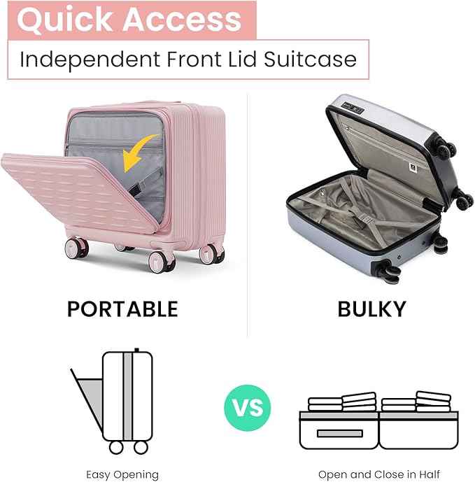 3 Piece Luggage Set 16 Inch Carry On with Front Opening, Expandable PC Hardshell Suitcase with 14" Cosmetic Case & Handbag, Lightweight Underseat Rolling Luggage with TSA Lock & PVC Cover