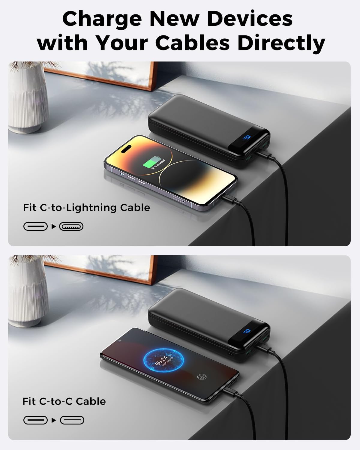 Portable Charger Power Bank 40000mAh Powerbank PD 30W and QC 4.0 Fast Charging External Battery Pack with USB-C LED 3 Outputs & 2 Inputs Portable Charging for iPhone 15 14 13 pro, Samsung - Roamly