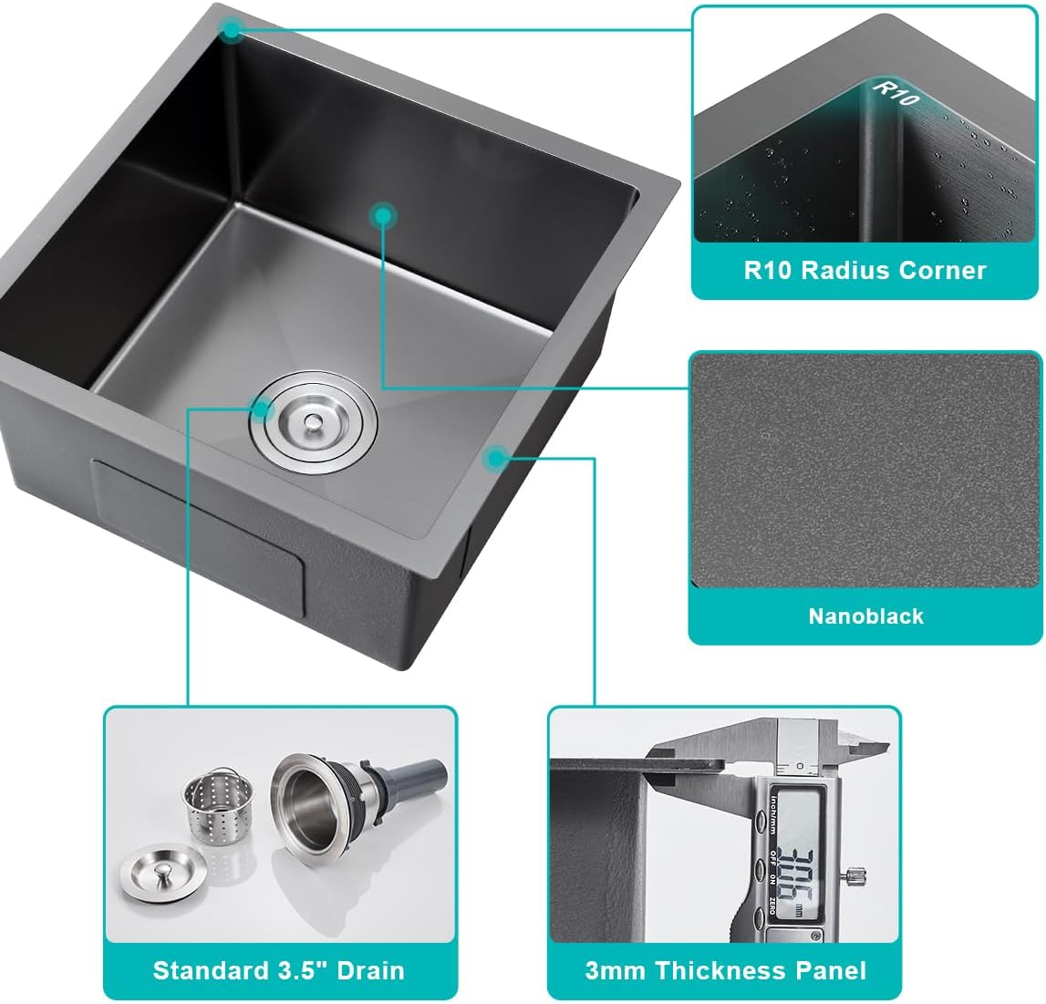 Black 18 inch Undermount Kitchen Sink - TSIBOMU 18 Gauge Stainless Steel 9" Deep Single Bowl Basin Undermount Kitchen Bar Sink, D18"xW18"xH9"