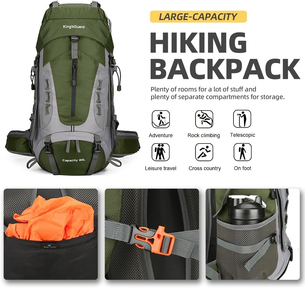 King'sGuard 60L Hiking Backpack Large Waterproof Camping Backpack for Men and Women Lightweight Frameless Backpacking Backpack with Rain Cover (Army Green) - Roamly