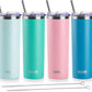 koodee 20 oz Stainless Steel Skinny Tumbler(4 Pack) Double Wall Insulated Water Tumbler Cup with Lids, Straws and Straw Brushe（Baby Blue/Pink/Sky Blue/Teal）