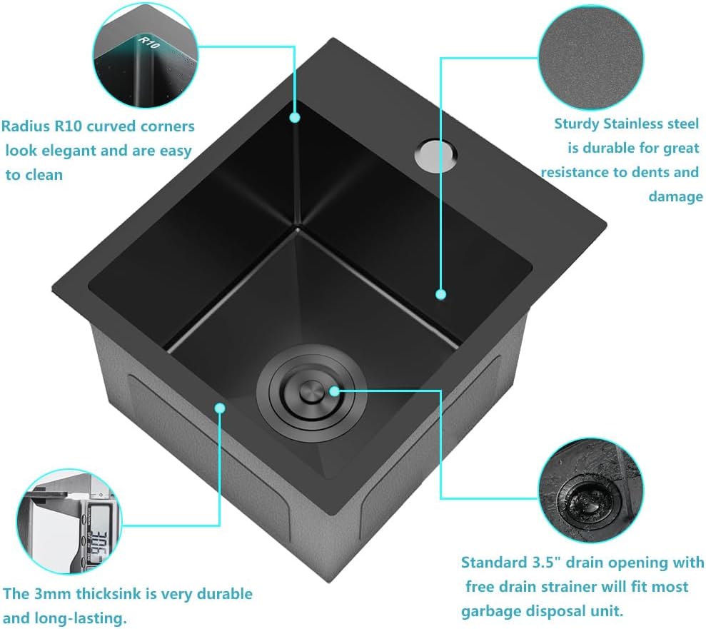 ARTLINE 13 x 15 Inch Black Drop in Bar Sink, Stainless Steel Single Bowl Kitchen Sink, Small Topmount 9 Inch Deep Wet Bar sink for Outdoor Prep RV Yard Laundry Utility with Dish Grid & Drain