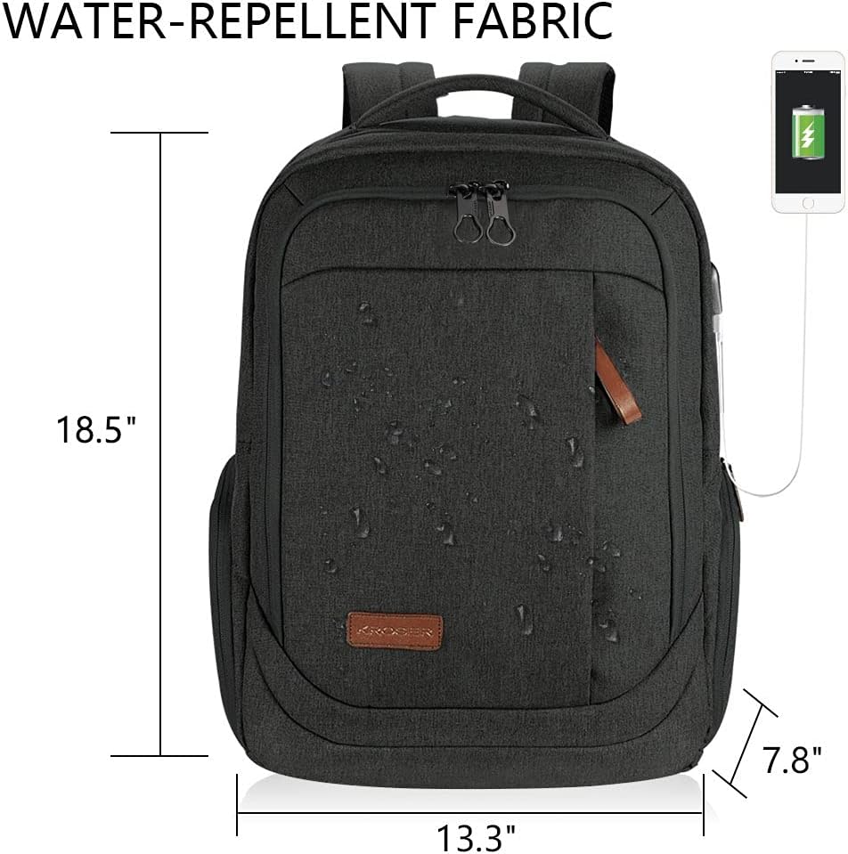 KROSER Laptop Backpack Large Computer Backpack Fits up to 17.3 Inch Laptop with USB Charging Port Water-Repellent Travel Backpack Casual Daypack for Business/College/Women/Men-Charcoal Black - Roamly