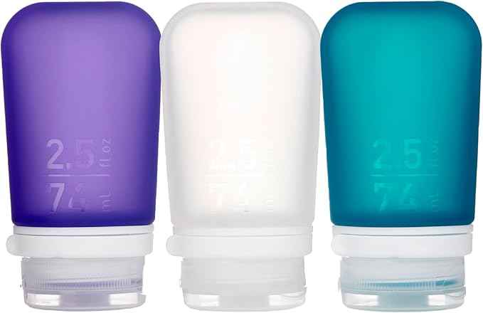 humangear GoToob+ 3-Pack (Medium) | Refillable Silicone Travel Bottle | Locking Lid | Food-Safe Material, Clear/Purple/Teal, Medium (2.5 fl.oz.; 74ml)