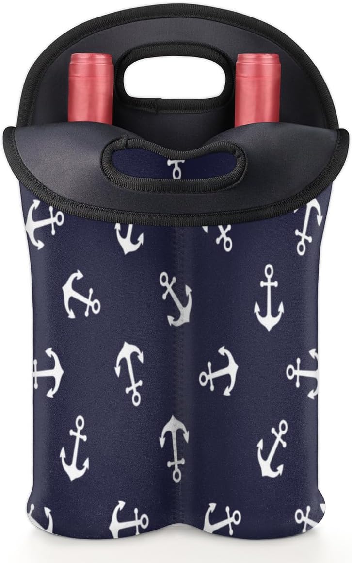 Nautical Anchors 2 Bottle Wine Carrier Tote Bag Insulated Wine Bottles Neoprene Bag with Secure Carry Handle Portable Wine Cooler Bag for Travel Picnic Beach