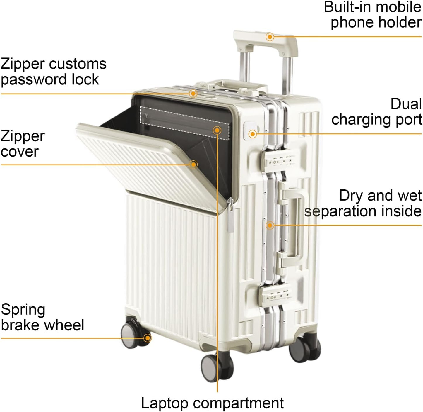 Zipperless Luggage, Polycarbonate Aluminum Hard Shell, Expandable Carry-On Suitcase with Spinner Wheels, Hard Shell Suitcase, 24 Inch Cabin - Roamly