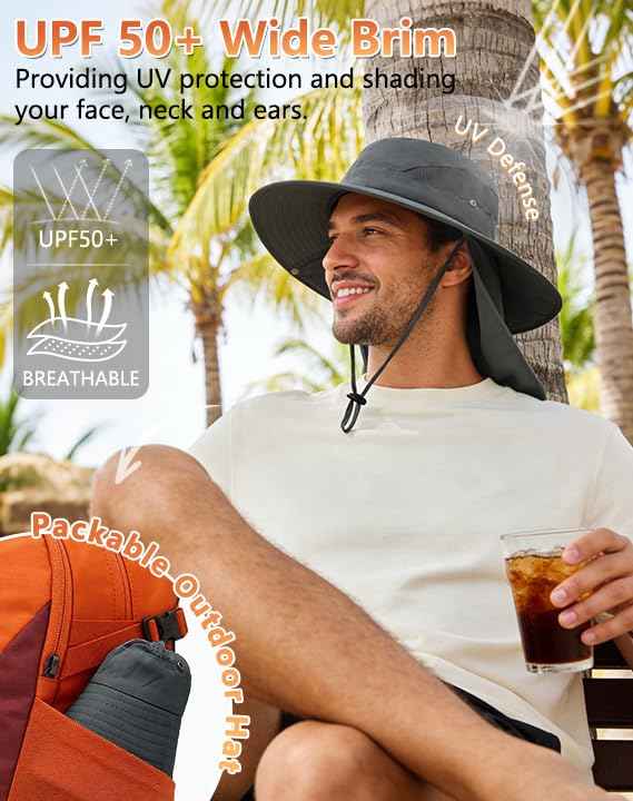 Sun Hat for Men Women Fishing Hat with Neck Flap Wide Brim Bucket Hat UV Protection for Beach Camping Hiking