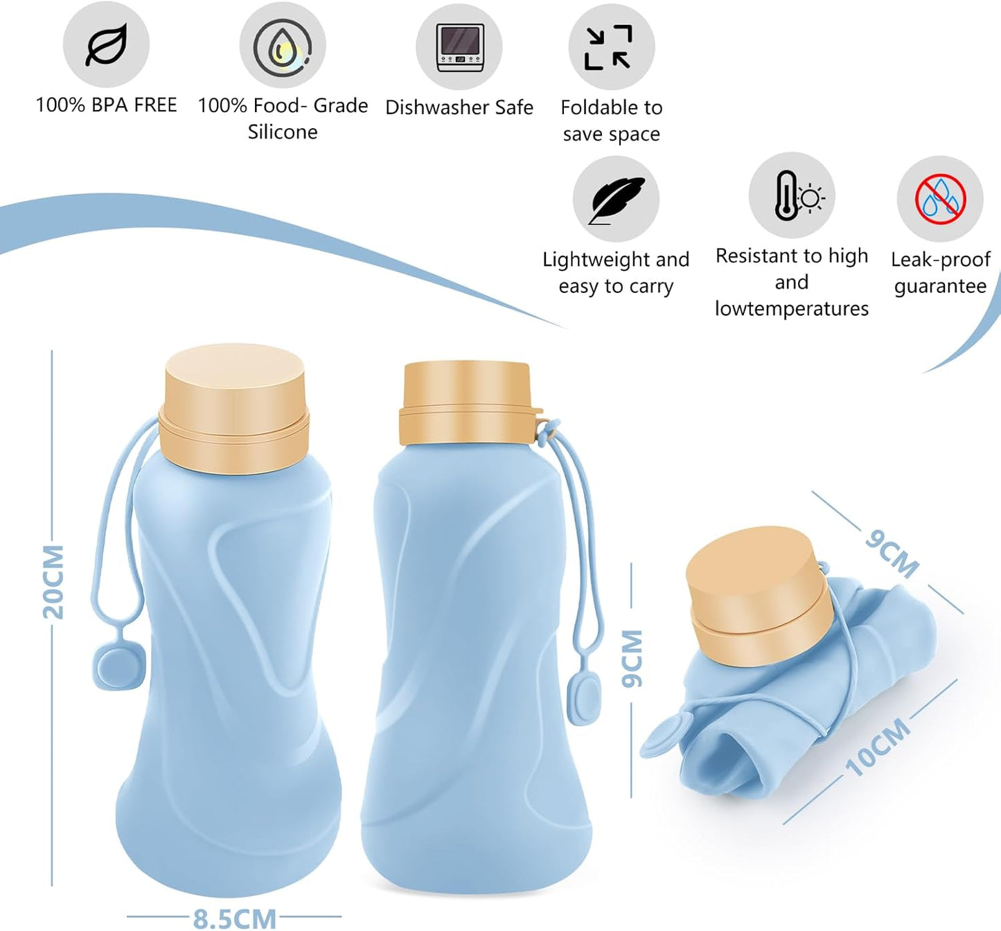 Collapsible Water Bottles 2 Pack,Leak Proof,Reuseable BPA Free Silicone Foldable Water Bottles,Durable Lightweight for Travel Gym Camping Hiking,Compact Size Portable Sports Water Bottle (Pink&Blue)