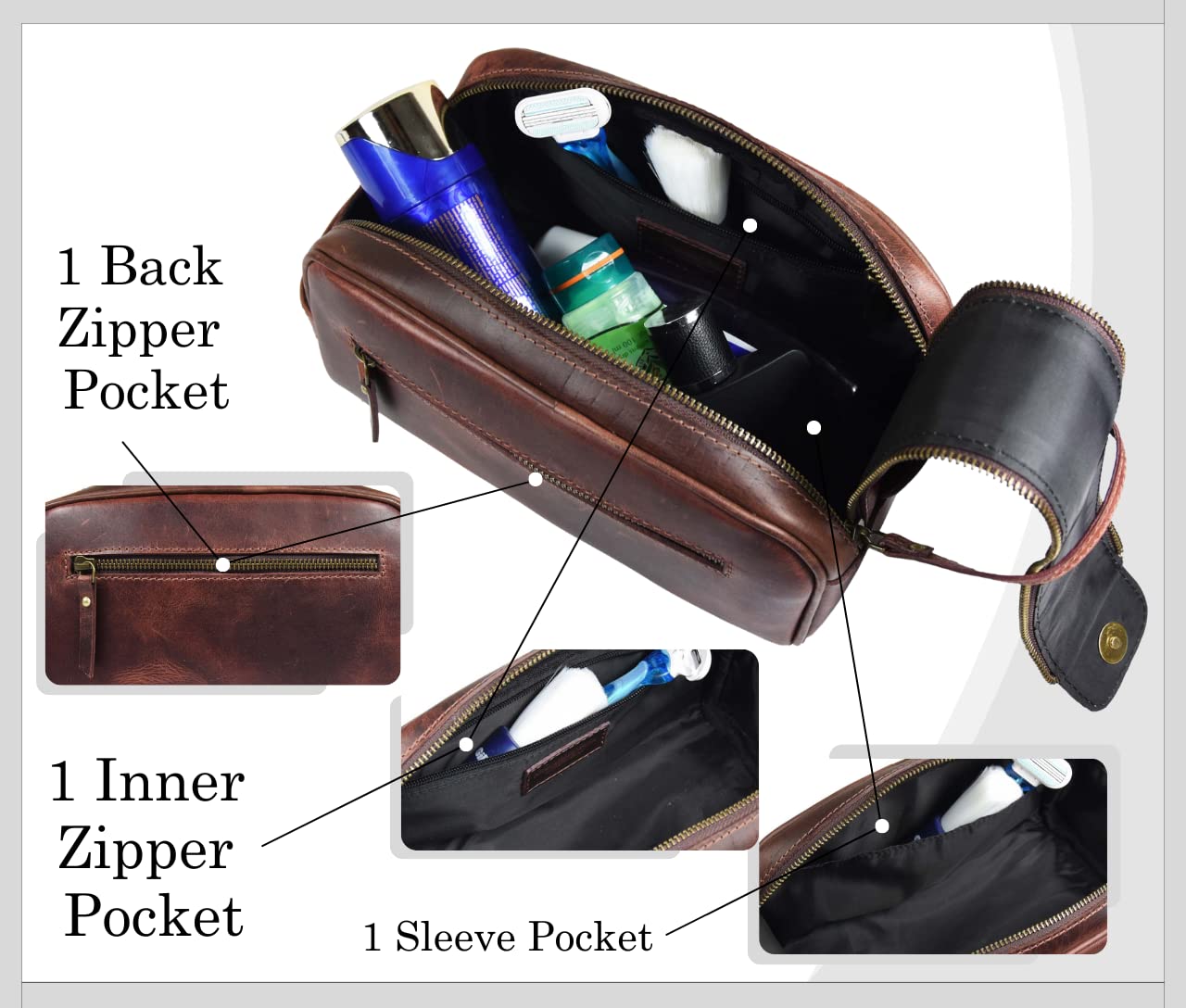10" Premium Leather Toiletry Travel Pouch With Waterproof Lining | King-Size Handcrafted Vintage Dopp - Kit By Aaron Leather Goods (Dark Brown) - Roamly