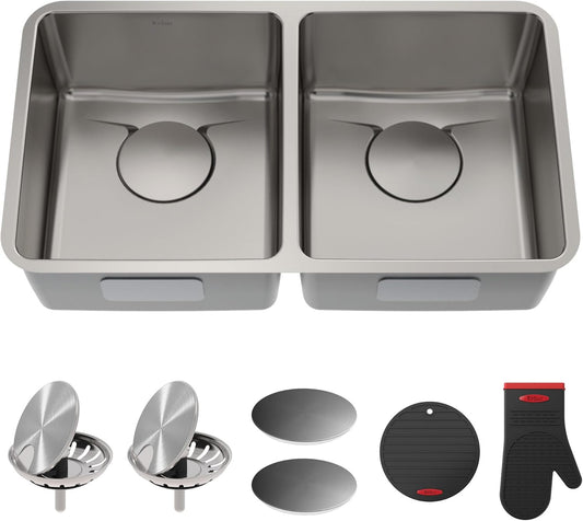 KRAUS Dex 33-Inch Undermount 50/50 Double Bowl TRU16 Gauge Stainless Steel Kitchen Sink with DrainAssure WaterWay and VersiDrain Assembly in Radiant Pearl Finish, KD1UD33B