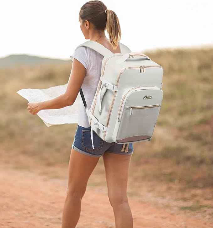 LOVEVOOK Travel Backpack for Women & Men 40L,Airline Approved Carry On Backpack Travel Essentials,TSA Carry on Luggage,Waterproof Personal Item Travel Bag,Suitcase with 3 Packing Cubes,Light gray-Pink