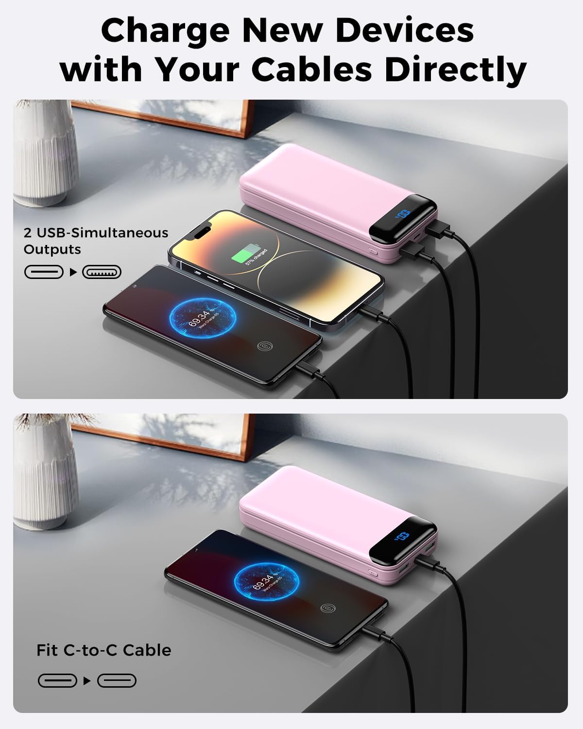 Portable Charger Power Bank 40000mAh Powerbank PD 30W and QC 4.0 Fast Charging External Battery Pack with USB-C LED 3 Outputs & 2 Inputs Portable Charging for iPhone 15 14 13 (Pink) - Roamly