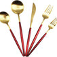Gugrida 20-Piece 18/10 Stainless Steel Flatware Silverware, Luxury Dinnerware Set Travel Cutlery Tableware Include Knife Fork Spoon Service for 4, Dishwasher Safe (Red Handle Matte Gold)