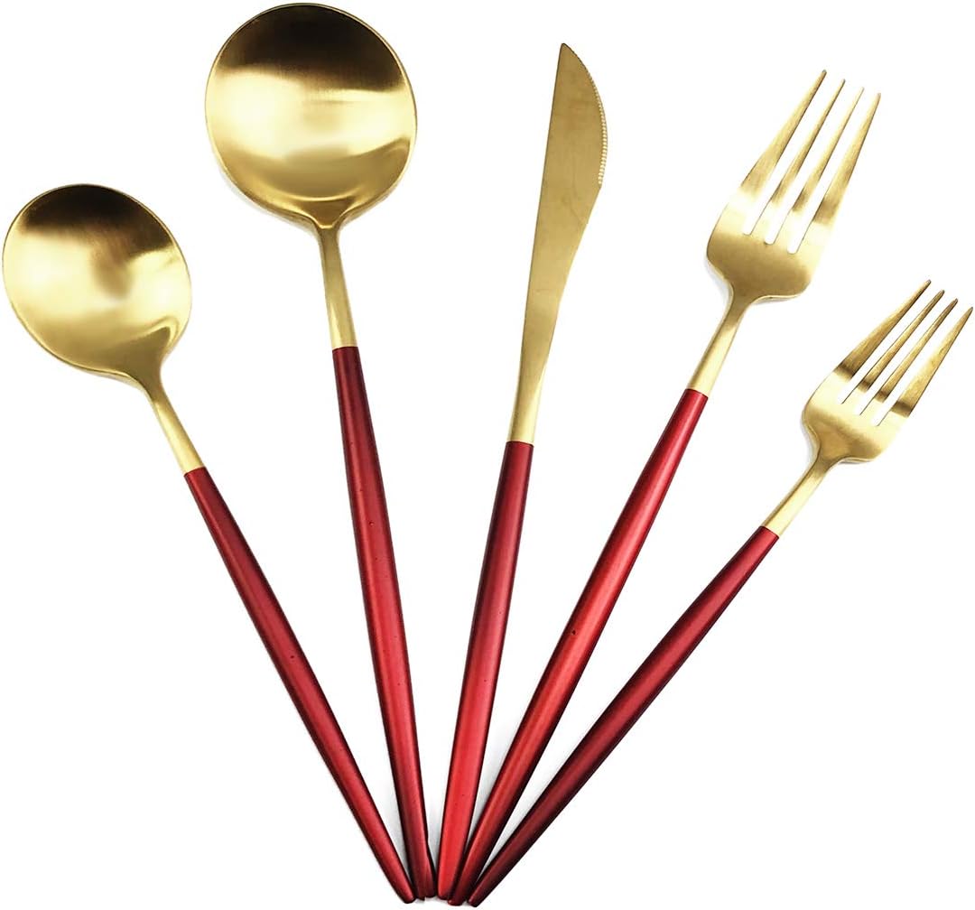 Gugrida 20-Piece 18/10 Stainless Steel Flatware Silverware, Luxury Dinnerware Set Travel Cutlery Tableware Include Knife Fork Spoon Service for 4, Dishwasher Safe (Red Handle Matte Gold)