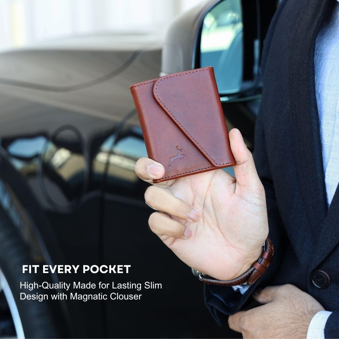 Leather RFID Wallet for Men, Slim Leather Mens Wallet, Handcraft Men's Wallets, Card Cases & Money Organizers, Magnetic Closure Sleek RFID Blocking Thin Mens Wallets with 9-12 Card Slots & Gift Box - Roamly