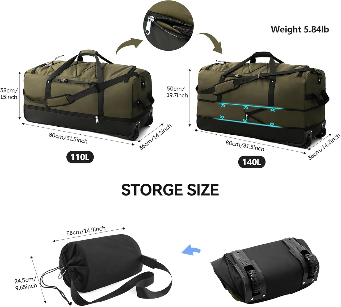 110L/140L Expandable Soft-Sided Foldable Duffle Bag with 2 Rubber Wheels,Packable 32” Rolling Carry-On with Multi-Pockets & Compartments,Army Green - Roamly