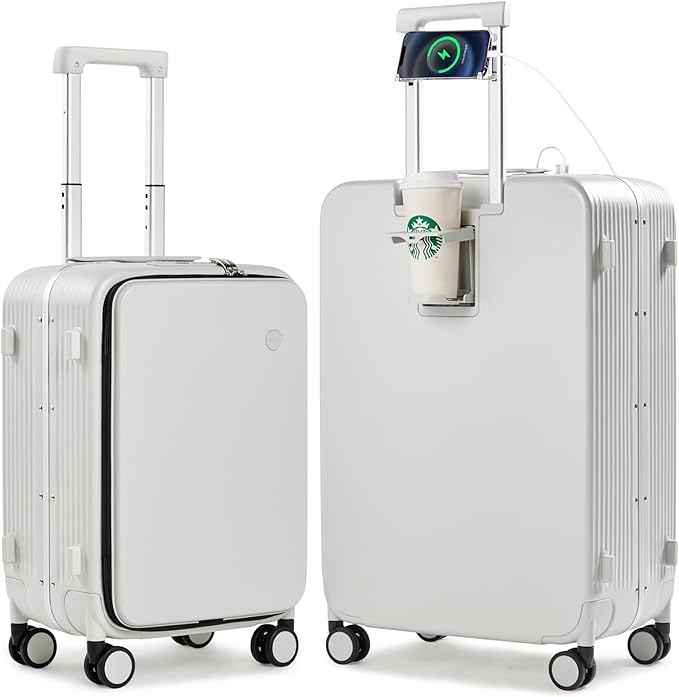mixi 2-Piece Luggage Sets with Cup Phone Holder and Charger Hard Shell Suitcases with Spinner Wheels, 20+26 Smoke White