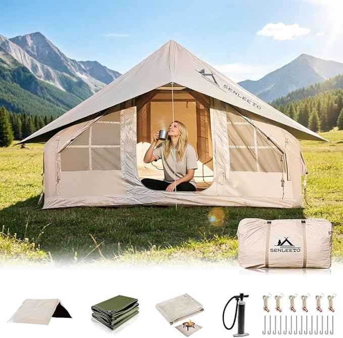 Inflatable Camping Tents 8-10 Person,129 Square Feets Large Inflatable Camping Tent with Stove Jack,Blow up Tent with Mesh Windows & Pump