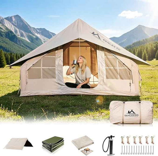 Inflatable Camping Tents 8-10 Person,129 Square Feets Large Inflatable Camping Tent with Stove Jack,Blow up Tent with Mesh Windows & Pump