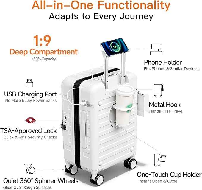 Expandable Lightweight PC Hard Shell Suitcase, 20-inch Luggage with TSA Lock, Top Opening & Cup Holder - Ideal for Business Travel Suitcase (White, Carry-on 20-Inch)