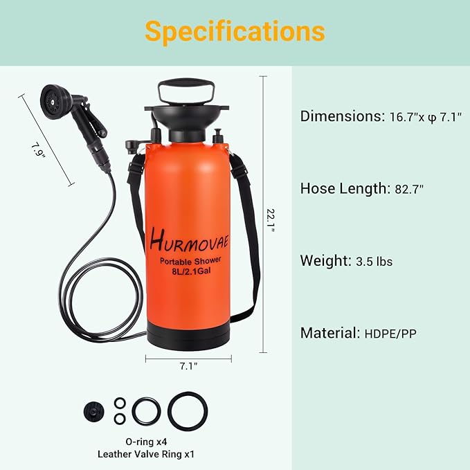 2.1 Gallon (8L) Portable Shower, 10 Spray Modes Pressurized Beach Shower with Nylon Insulated Sleeve, Camping Shower for Travel & Sand Rinse, Surf Shower, Portable Water Sprayer, Orange