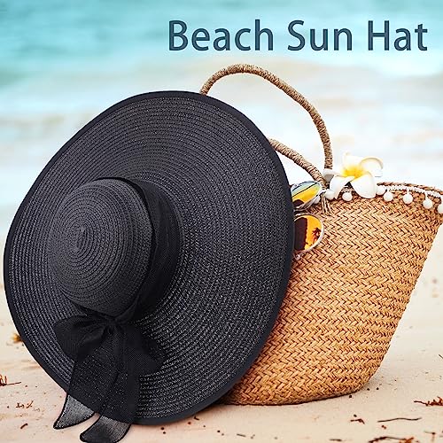 Women Wide Brim Bow Straw Hat Floppy Foldable Beach Sun Hat Roll up Cap UPF 50+