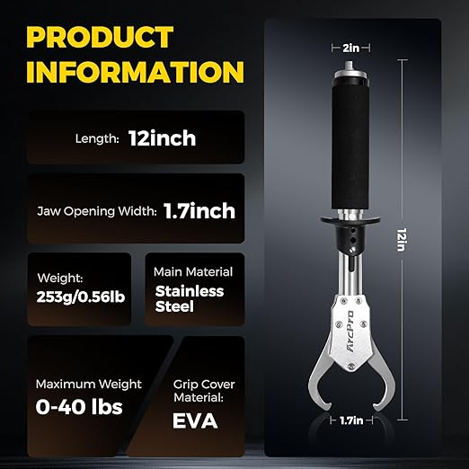 Fish Gripper with Scale, 12" Corrosion-Resistant Stainless Steel Fish Lip Gripper, 4.2mm Wide Opening, 40LB Load Capacity & Non-Slip 360° EVA Swivel Handle, Fish Grabber Tool for Saltwater