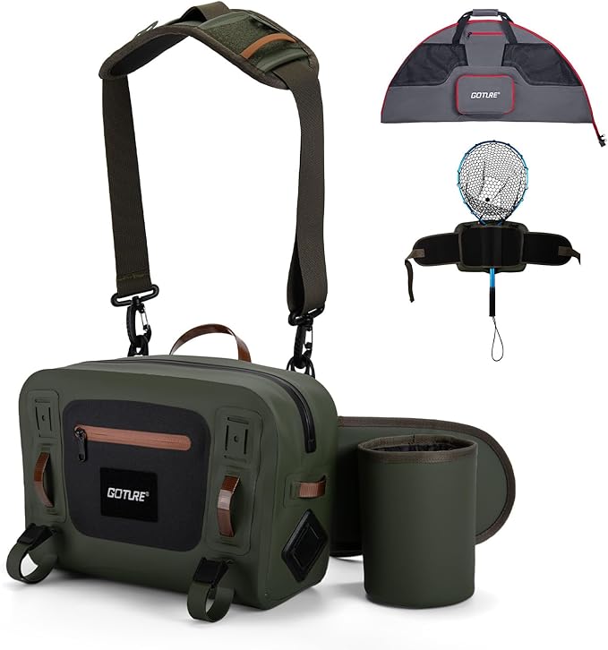 Goture Waterproof Fishing Waist Pack,IPX8 840D TPU Large Tackle Bags with Rod Holder,Airtight Zipper,Detachable Water Bottle Holder, 10L Fly Fishing Bag with Adjustable Strap, Wader Bag Included