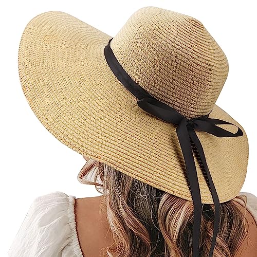 Womens Straw Hat Foldable Wide Brim Floppy Beach Sun Hat for Women Roll up Cap UPF 50+ Adjustable Strap Vacation