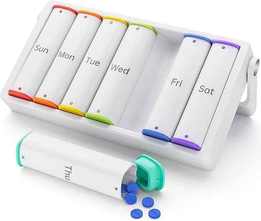 Weekly Pill Organizer 2 Times a Day, KOVIUU Large Travel Pill Box 7 Day, Am Pm Twice Daily Pill Case with Rotatable Handle, Pill Holder Container for Vitamin, Medicine, Supplement, Fish Oil, White